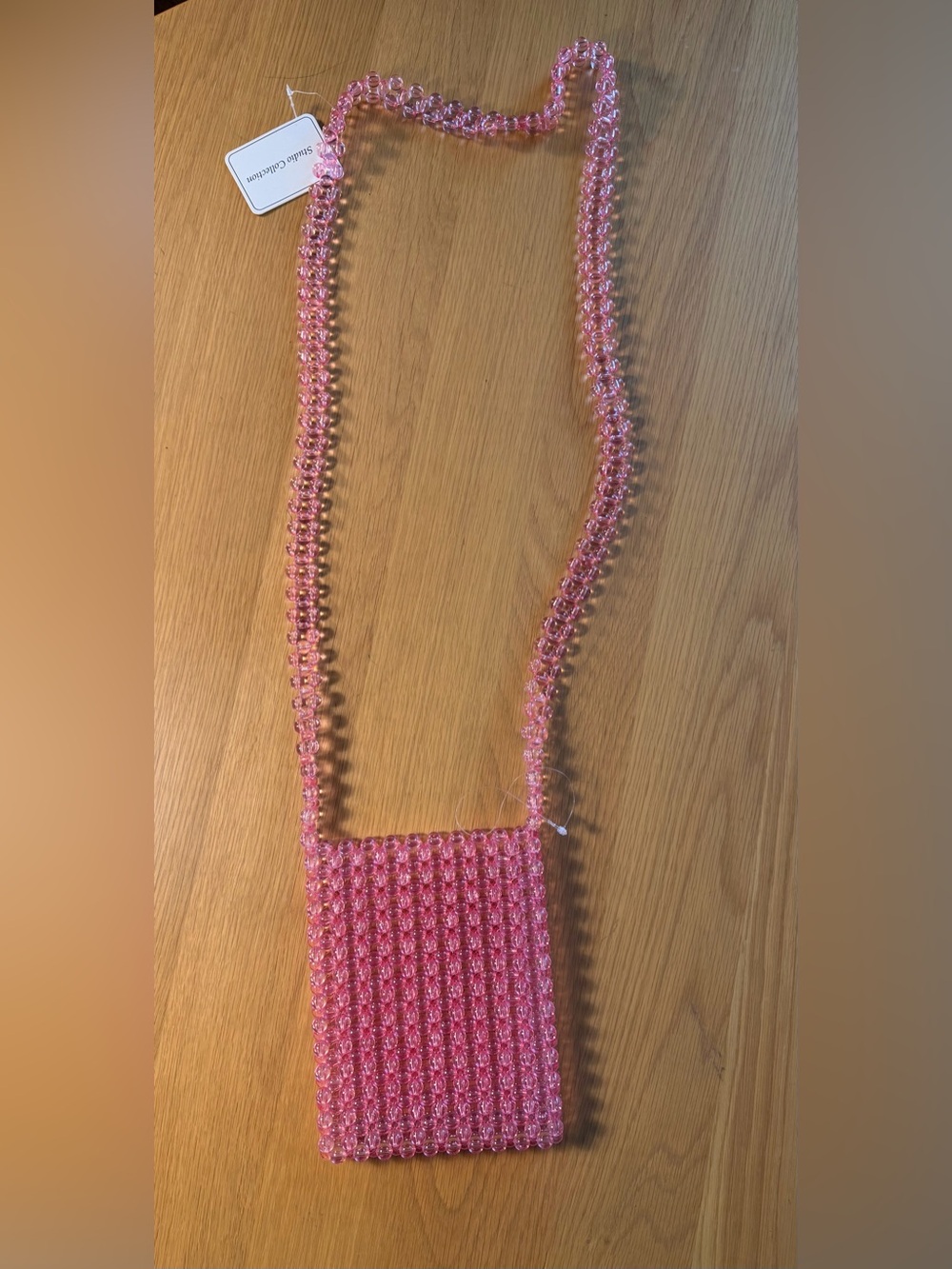 Pink Beaded Crossbody Bag with Long Strap